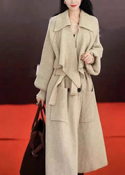 Fashion Grey Peter Pan Collar Pockets Tie Waist Knit Long Coats Winter