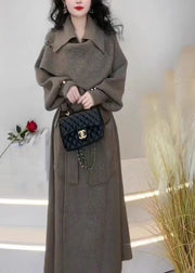 Fashion Grey Peter Pan Collar Pockets Tie Waist Knit Long Coats Winter