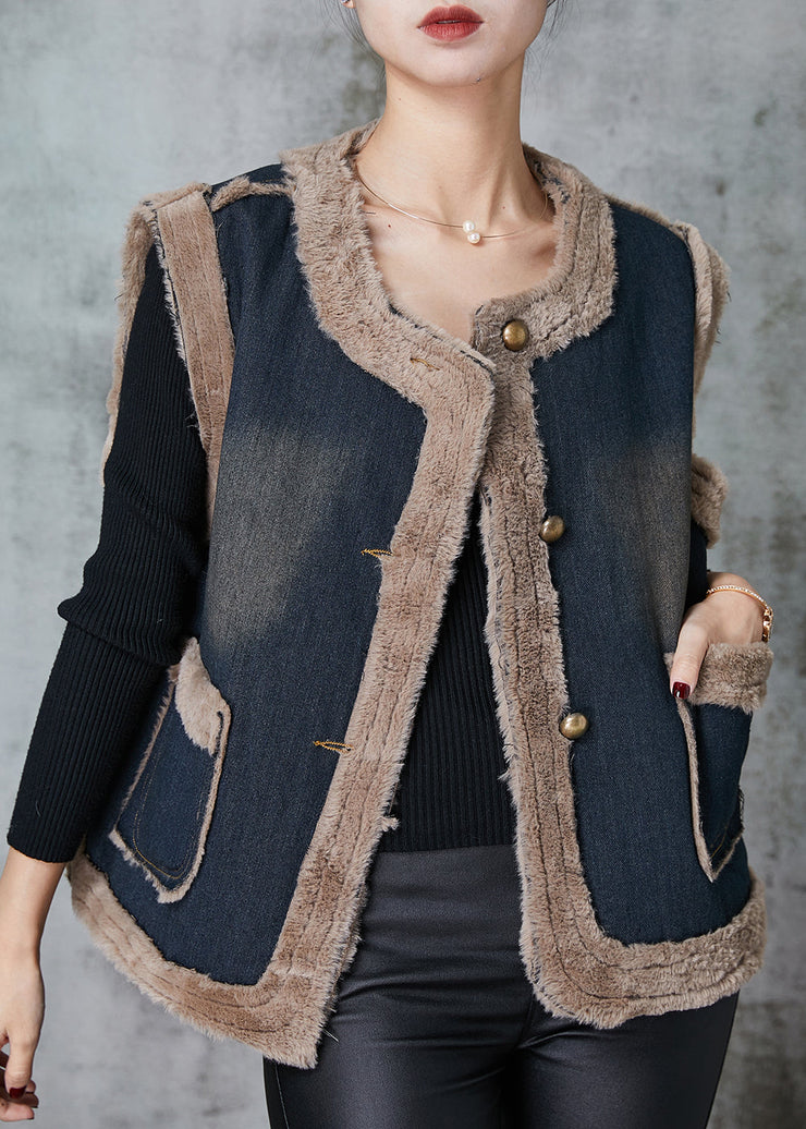 Fashion Grey Pockets Patchwork Warm Fleece Denim Vests Spring