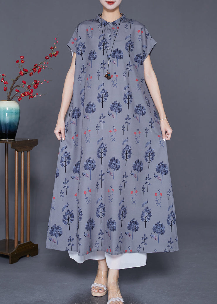 Fashion Grey Stand Collar Print Chiffon Maxi Dress Summer