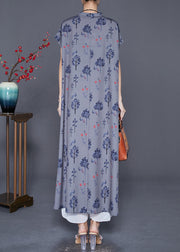 Fashion Grey Stand Collar Print Chiffon Maxi Dress Summer