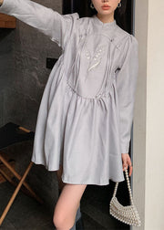 Fashion Grey Stand Collar Tasseled Embroideried Patchwork Silk Dress Spring