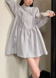 Fashion Grey Stand Collar Tasseled Embroideried Patchwork Silk Dress Spring