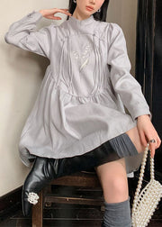 Fashion Grey Stand Collar Tasseled Embroideried Patchwork Silk Dress Spring