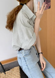 Fashion Grey Striped Peter Pan Collar Button Cotton Blouses Summer