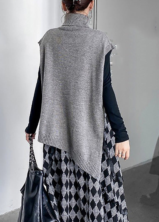 Fashion Grey Turtleneck Asymmetrical Thick Knit Waistcoat Spring