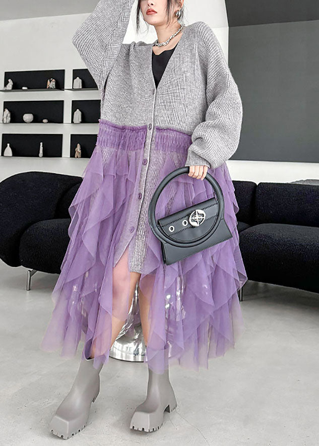 Fashion Grey V Neck Tulle Patchwork Knit Cardigans Fall