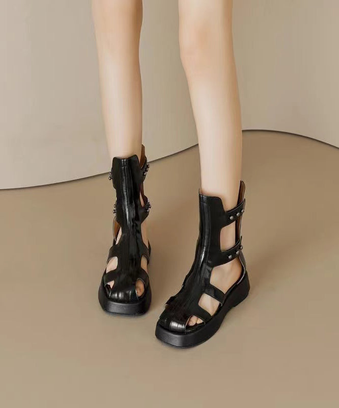Fashion Hollow Out Platform Sandals Boots Black Cowhide Leather