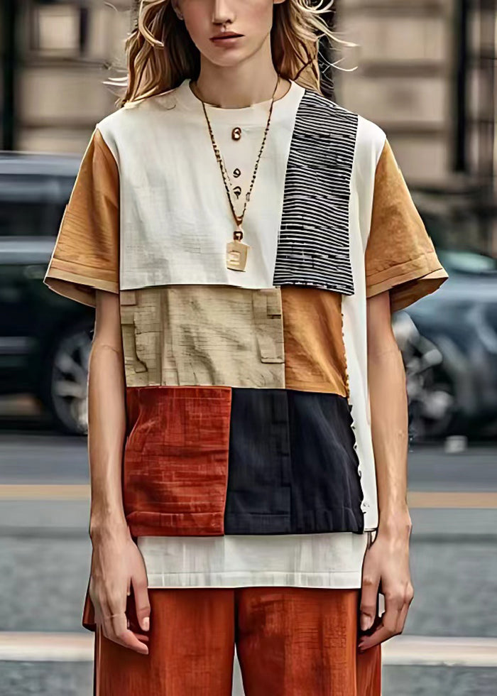 Fashion Khaki Asymmetrical Patchwork Linen Tanks Summer