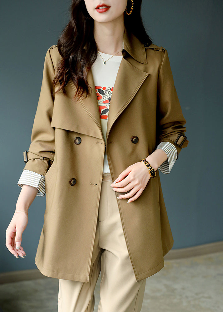 Fashion Khaki Notched Button Trench Coat Long Sleeve