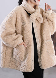 Fashion Khaki O-Neck Button Pockets Faux Fur Coat Winter