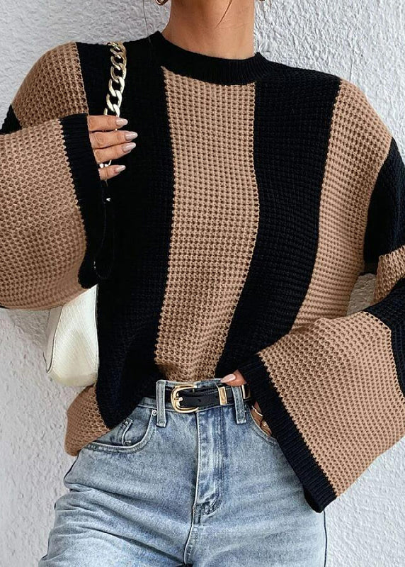 Fashion Khaki O Neck Striped Women Knit Sweaters Fall