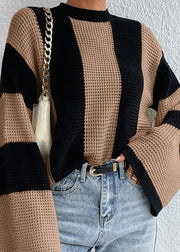 Fashion Khaki O Neck Striped Women Knit Sweaters Fall