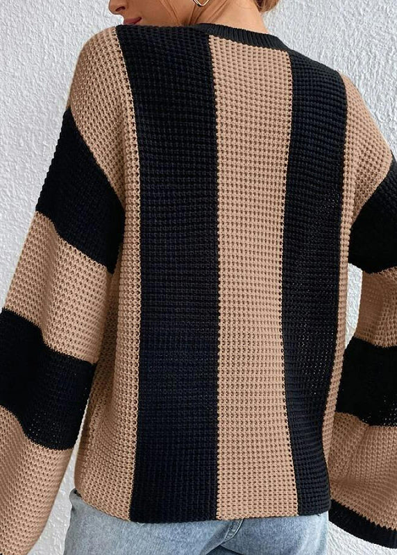 Fashion Khaki O Neck Striped Women Knit Sweaters Fall