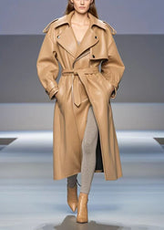 Fashion Khaki Oversized Faux Leather Trench Coats Fall