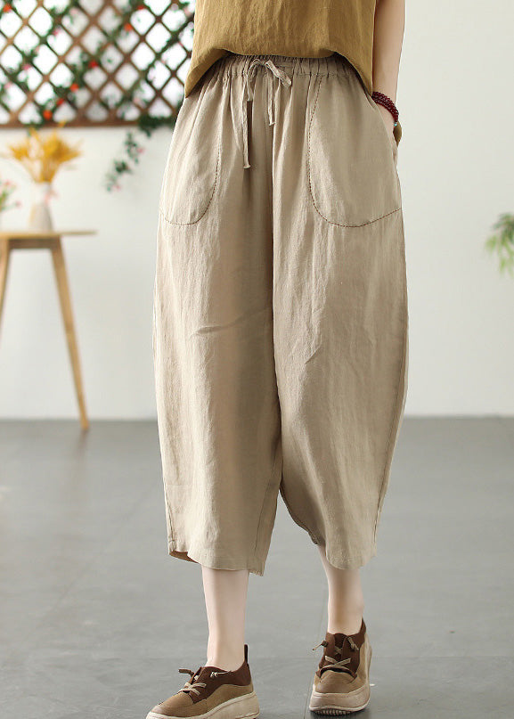 Fashion Khaki Patchwork Elastic Waist Tie Waist Solid Crop Pants Summer