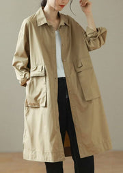 Fashion Khaki Peter Pan Collar Mid Trench Coats Long Sleeve