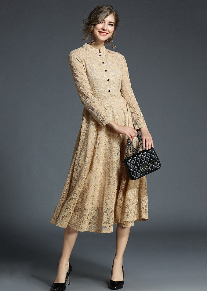 Fashion Khaki Stand Collar Hollow Out Embroideried Lace Dresses Long Sleeve