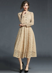 Fashion Khaki Stand Collar Hollow Out Embroideried Lace Dresses Long Sleeve