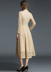 Fashion Khaki Stand Collar Hollow Out Embroideried Lace Dresses Long Sleeve