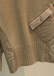 Fashion Khaki Turtle Neck thick Patchwork Fine Cotton Filled Knit Pullover Winter