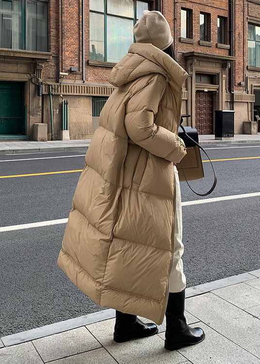 Fashion Khaki Zippered Pockets Hooded Duck Down Puffer Coat Winter