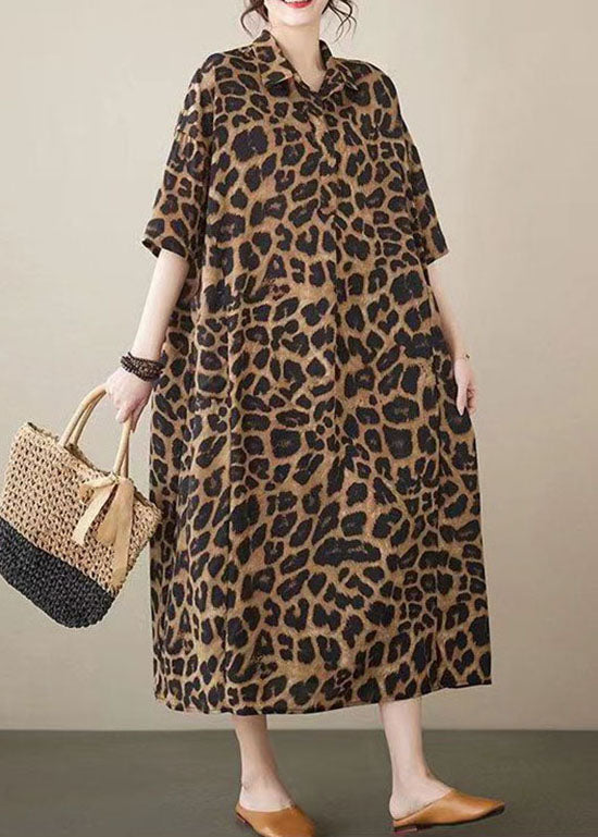 Fashion Leopard Peter Pan Collar Pockets Patchwork Cotton Long Dresses Summer