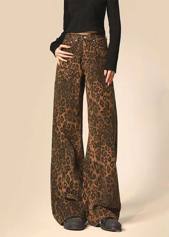 Fashion Leopard Print Pockets Denim Straight Pants Spring