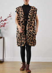 Fashion Leopard Print Pockets Faux Fur Teddy Vest Fall