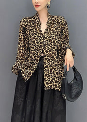 Fashion Leopard Stand Collar Asymmetrical Design Tops Fall