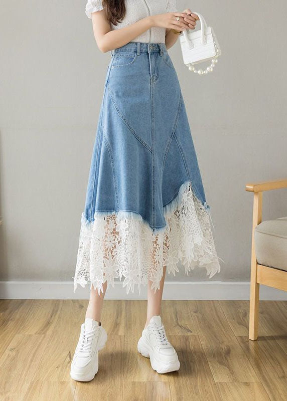 Fashion Light Blue Asymmetrical Design Lace Patchwork Denim Skirt Spring