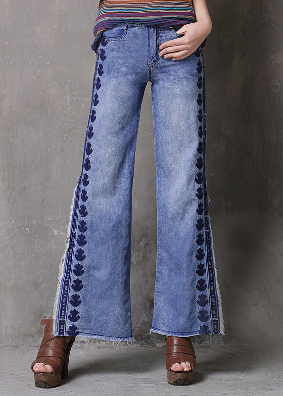 Fashion Light Blue Embroidered Side Open Pockets High Waist Jeans Summer