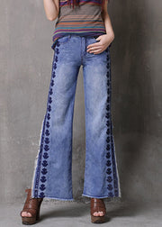 Fashion Light Blue Embroidered Side Open Pockets High Waist Jeans Summer