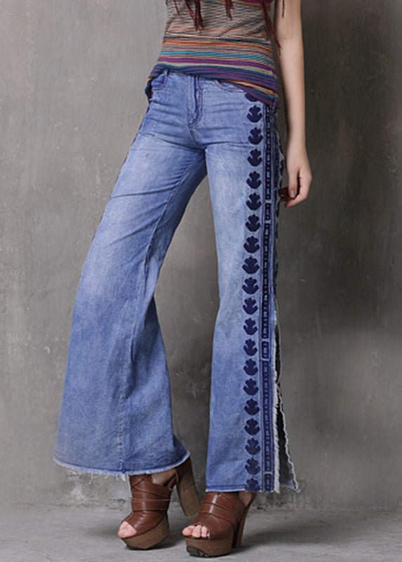 Fashion Light Blue Embroidered Side Open Pockets High Waist Jeans Summer