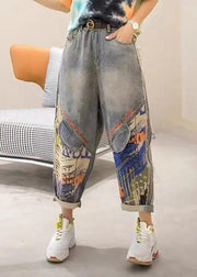 Fashion Light Blue Print Patchwork Sashes High Waist Crop Jeans Summer