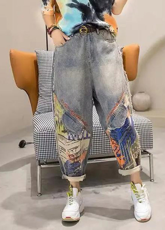 Fashion Light Blue Print Patchwork Sashes High Waist Crop Jeans Summer