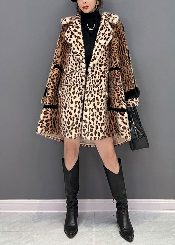 Fashion Light Chocolate Notched Leopard Fuzzy Fur Fluffy Loose Coat Winter