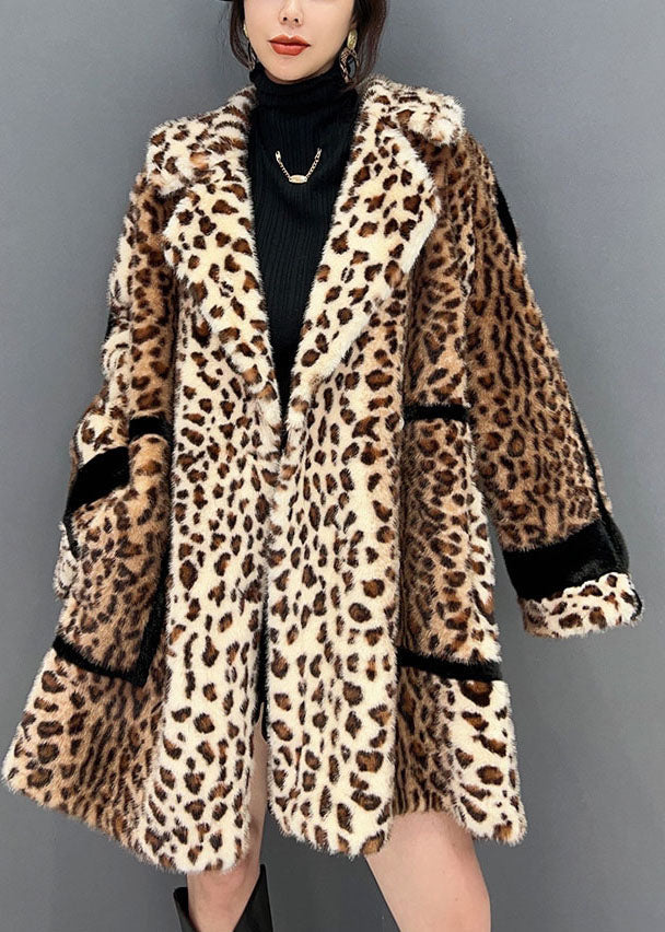 Fashion Light Chocolate Notched Leopard Fuzzy Fur Fluffy Loose Coat Winter