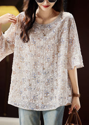 Fashion Light Coffee O-Neck Embroidered Shirts Butterfly Sleeve