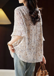 Fashion Light Coffee O-Neck Embroidered Shirts Butterfly Sleeve