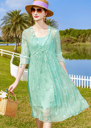 Fashion Light Green Embroideried Patchwork Tie Waist Silk Dresses Half Sleeve