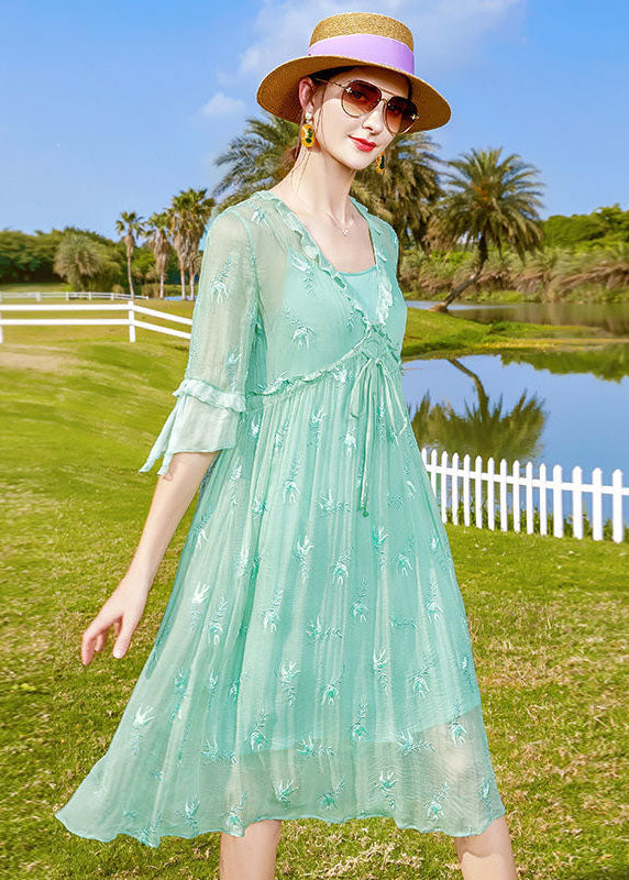 Fashion Light Green Embroideried Patchwork Tie Waist Silk Dresses Half Sleeve