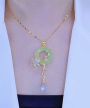 Fashion Light Green Stainless Steel Inlaid Crystal Jade Floral Pendant Necklace