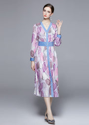 Fashion Light Purple V Neck Patchwork Print Cinch Dress Long Sleeve