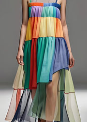 Fashion Loose Colorblock O Neck Tulle Patchwork Cotton Dresses Sleeveless