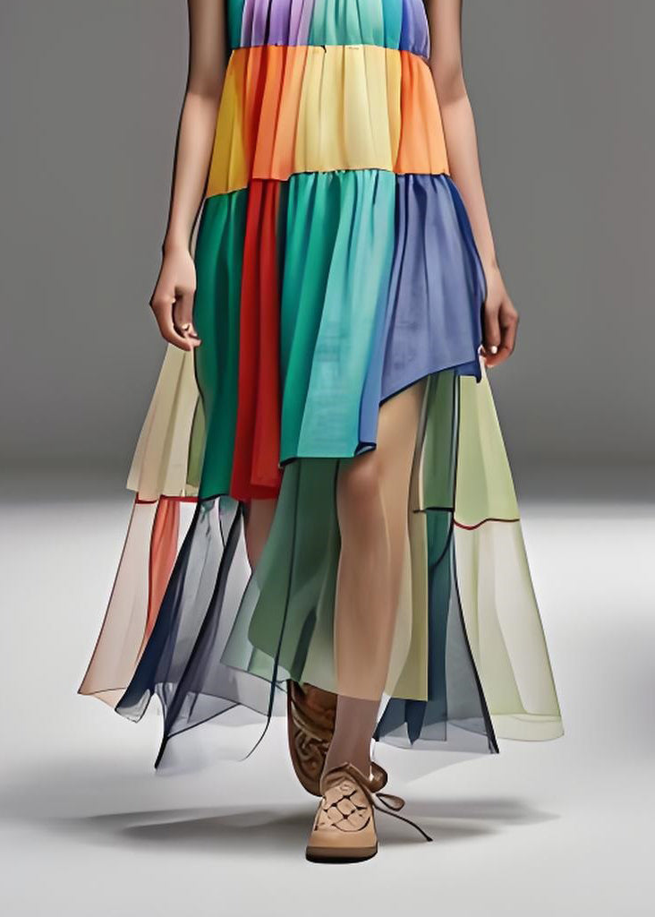 Fashion Loose Colorblock O Neck Tulle Patchwork Cotton Dresses Sleeveless