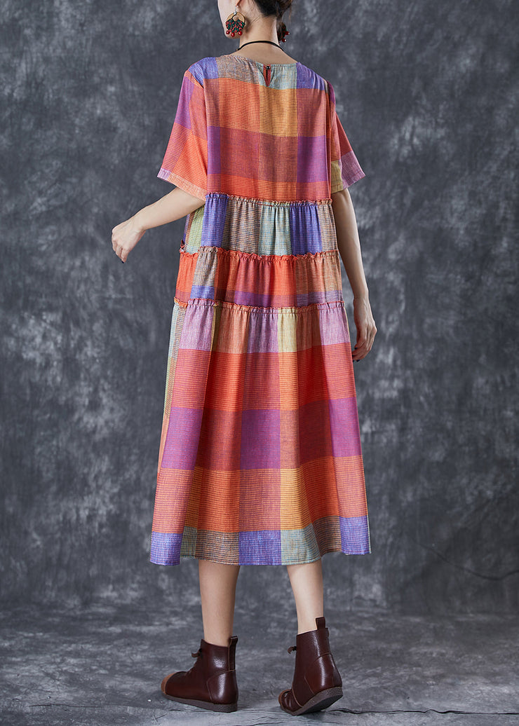 Fashion Multicolour Plaid Ruffled Cotton Long Dress Summer