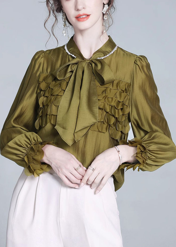 Fashion Mustard Green Bow Solid Silk Shirt Petal Sleeve