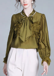 Fashion Mustard Green Bow Solid Silk Shirt Petal Sleeve