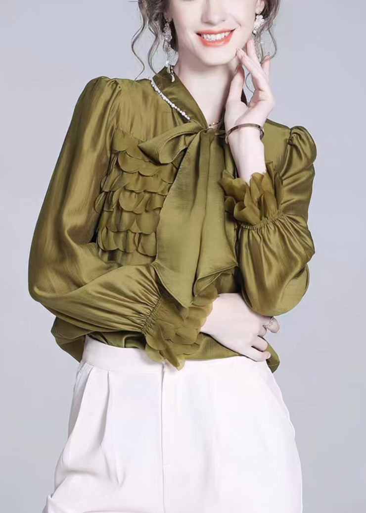 Fashion Mustard Green Bow Solid Silk Shirt Petal Sleeve